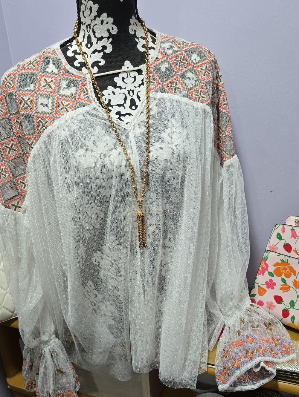 Free People White Sheer Embroidered Peasant Tunic with Orange & Gray Accents